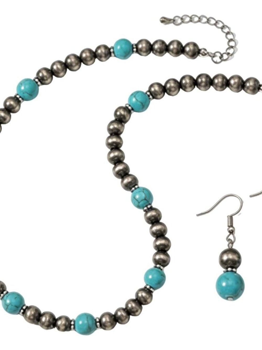 Western Jewelry Set for Women, Turquoise and Gray Beaded Necklace with Matching